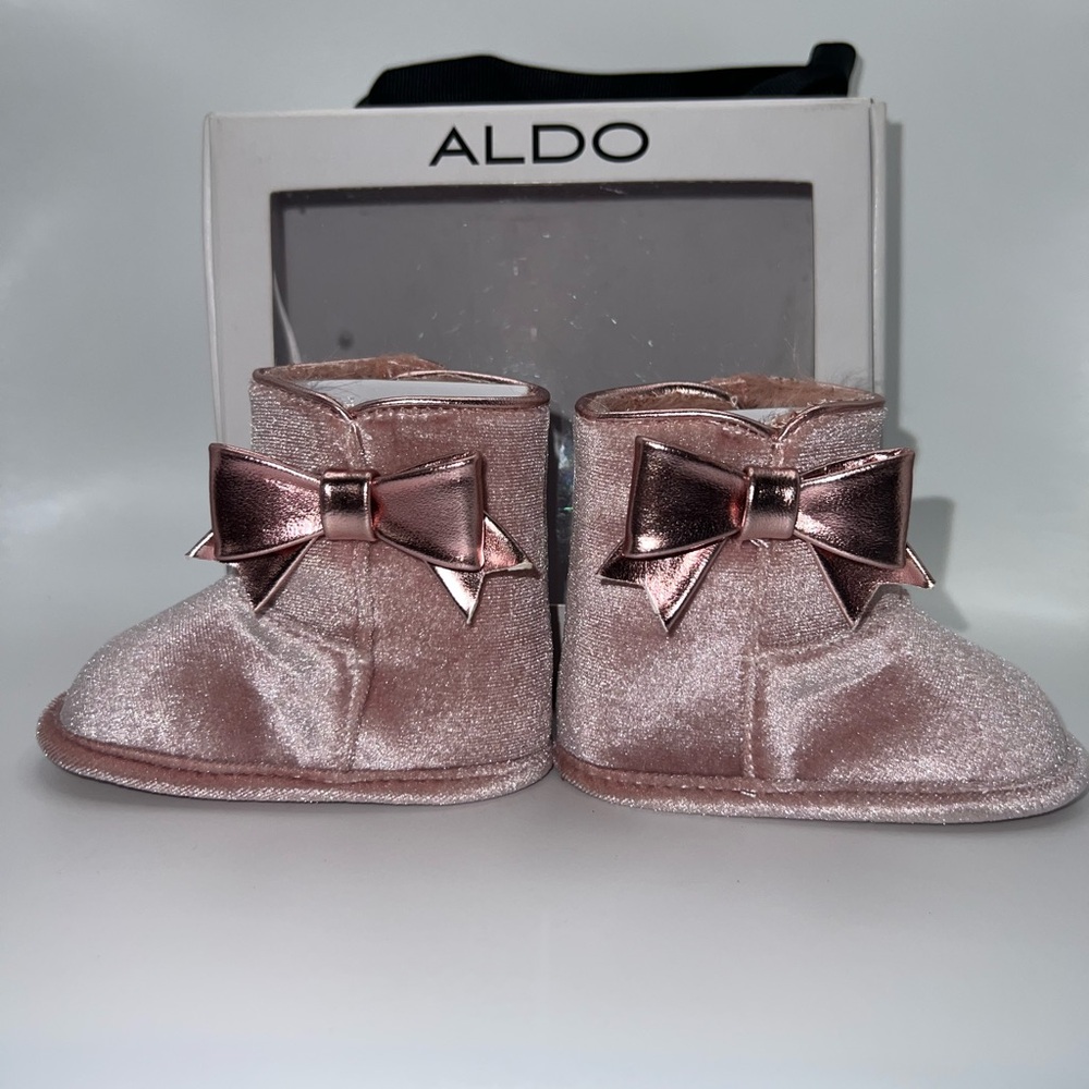 Aldo Baby Boots – Metallic Rose Gold with Bows
